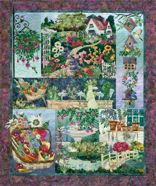 Full quilt image of an English cottage and the garden and grounds.