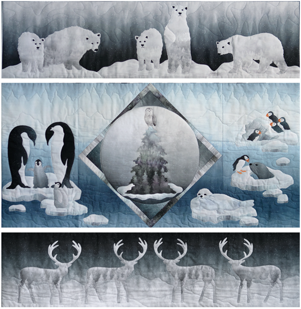 a five block quilt with arctic snowy scenes polar bears, caribou, penguins, puffins and seals, and a wise owl in a tree