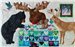 A quilt block with a Moose, mama and baby bear, a deer and a squirrel assembling a quilt of heart blocks.