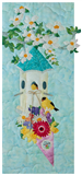 A bird house hanging on a flowering tree branch, with a bouquet of beautiful, colorful flowers hanging off the front. Two small yellow birds are sitting on the flowers and in the bird house.