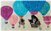 mama bear and her two babies floating in a group of hot air balloons, waving at each other! mama continues her mission collecting fabric.