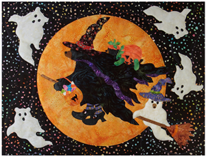 Mama bear dressed as a witch for halloween, flying on her broom in front of a harvest moon. Baby bear in a pumpkin costume is on her back and baby bear as a ghost in on the broom too. Bear ghosts float around them in the sky!