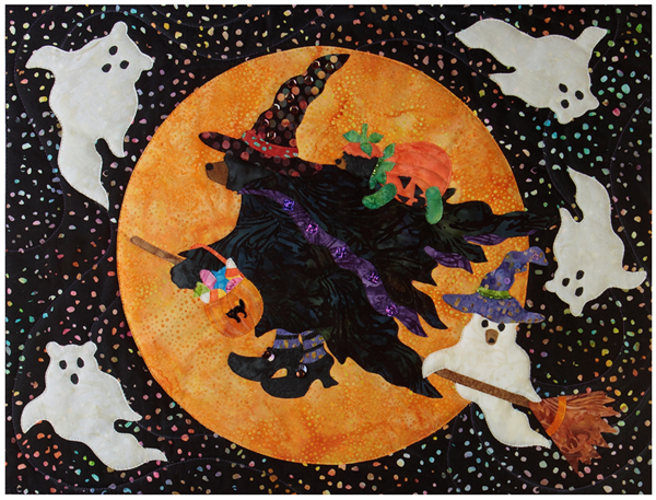 Mama bear dressed as a witch for halloween, flying on her broom in front of a harvest moon. Baby bear in a pumpkin costume is on her back and baby bear as a ghost in on the broom too. Bear ghosts float around them in the sky!