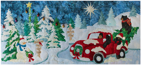 mama bear and her cubs are in their classic red pickup truck, pulling away from a snow covered Christmas tree lot with their tree. the lot is all lit up with glittering lights and covered in a blanket of snow.