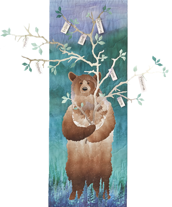 A bear is the Keeper of the Forest with messages to love, protect, enjoy and preserve our forests