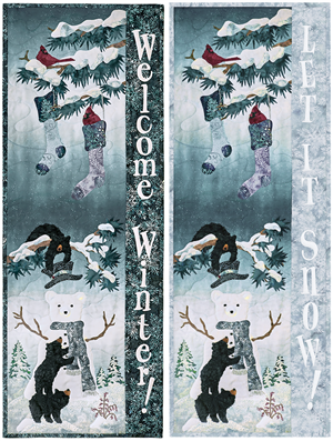 Let It Snow - Three bears playfully dress a snowman while cardinals look down from a bough above from which hang holiday stockings
Welcome Winter - Three bears playfully dress a snowman while cardinals look down from a bough above from which hang holiday