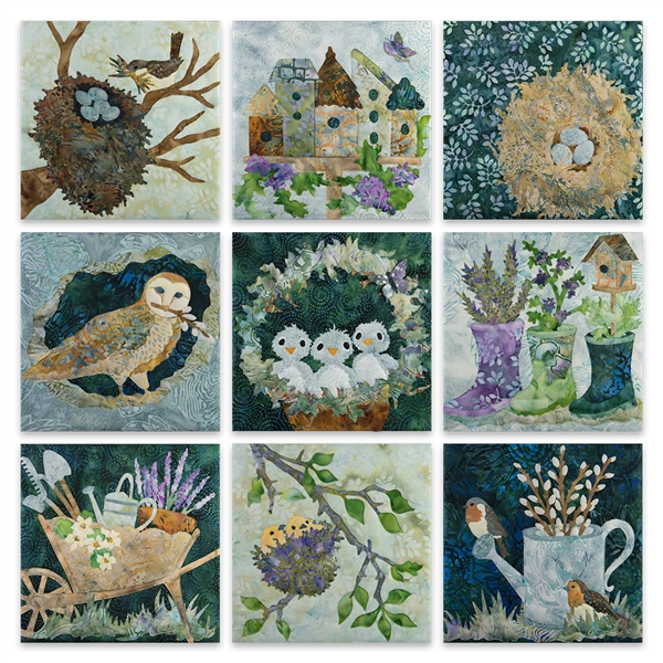 Collection of nine quilt blocks featuring birds, chicks, eggs, bird houses, nests, garden boots, watering can, wheelbarrow and tools