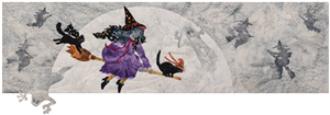 Witch and two black cats riding a broomstick against a large full moon. Witches and ghosts in the background.