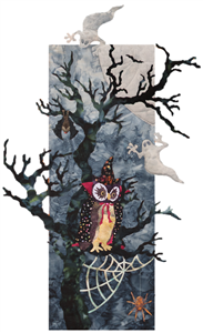 Owl, dressed up as wizard, perched on spooky tree with spider and bat.