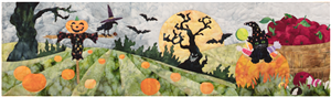 Kitten at the pumpkin patch, popping out of a pumpkin filled with candy next to a bushel of apples. There is a scarecrow in the field and a spooky tree in the background under a harvest moon