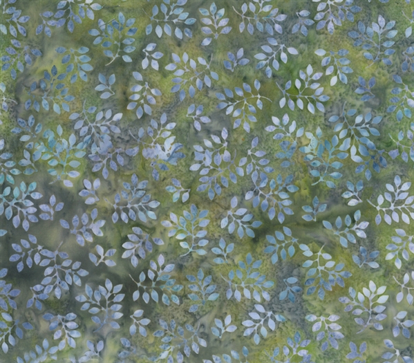 Batik fabric print of tiny leaves in moss green and lavender purple.