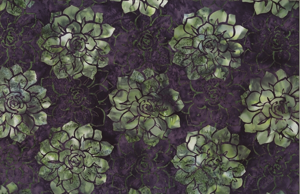 Batik fabric print of succulents in shades of purple and eggplant