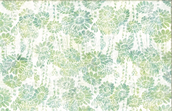 Batik fabric print of succulents and flowers in green and neutral tones