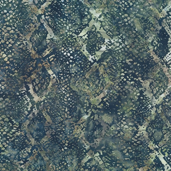 Batik fabric in diamond patterned reptile in dusty-blue with soft green undertones