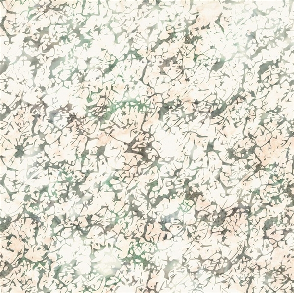 Batik fabric in an abstract mottled print in green and pale pink tones
