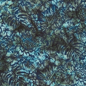 Batik fabric in floral print in navy blue and light blue tones