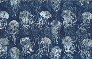 Batik fabric with a denim blue jellyfish print