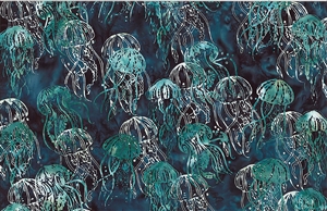 Batik fabric with a deep teal jellyfish print