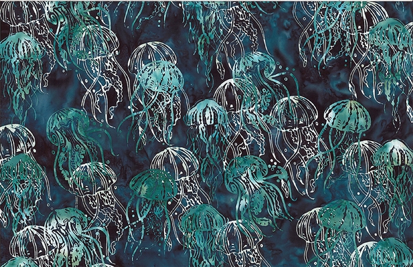 Batik fabric with a deep teal jellyfish print