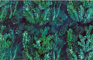 Batik fabric with an emerald green seaweed print