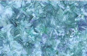 Batik fabric with a starfish print in light blue and green