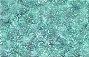 Batik fabric with a shell print in aqua blue/green