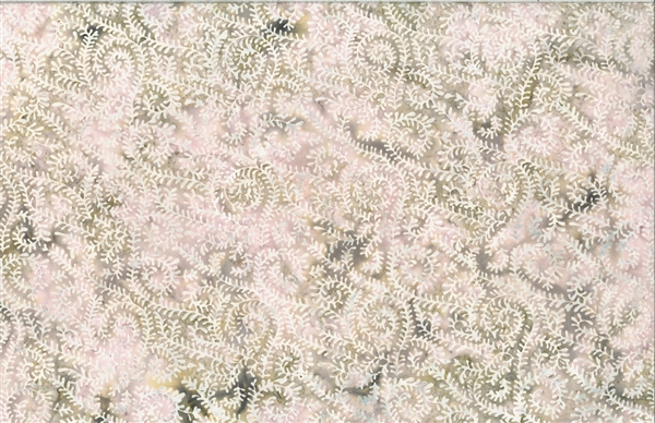 Batik fabric with a swirled seaweed print in pale pink, cream and sage green tones