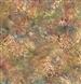 Batik fabric print of feathers in wine reds and yellow-greens with a cream and dusty blue mottled background.