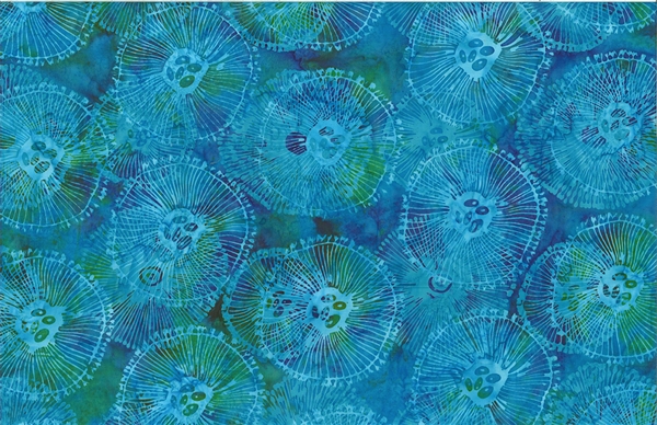 Batik fabric with jellyfish print in blues and greens