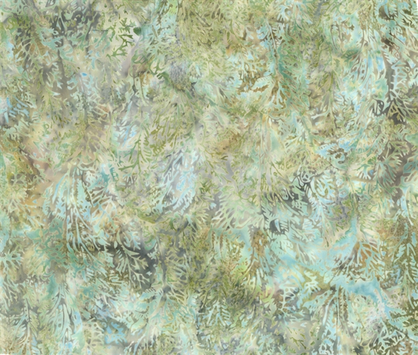 Kale texture batik fabric on a mottled moss green and light blue background.