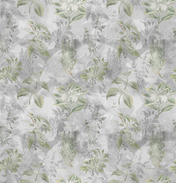 Herb digital print fabric in gray and cream tones