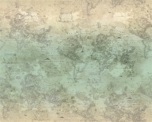 Old world map digital print fabric in green and neutral tones