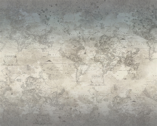 Old world map digital print fabric in gray and neutral tones