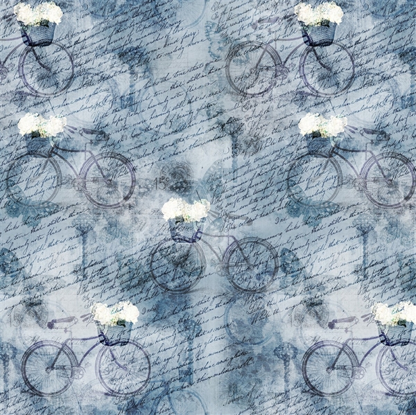 Whimsical vintage bicycles print fabric in blue tones