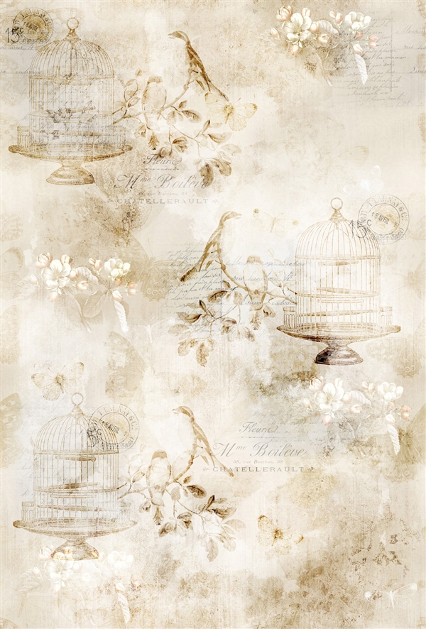 Whimsical design of birds in cages print fabric in neutral tones