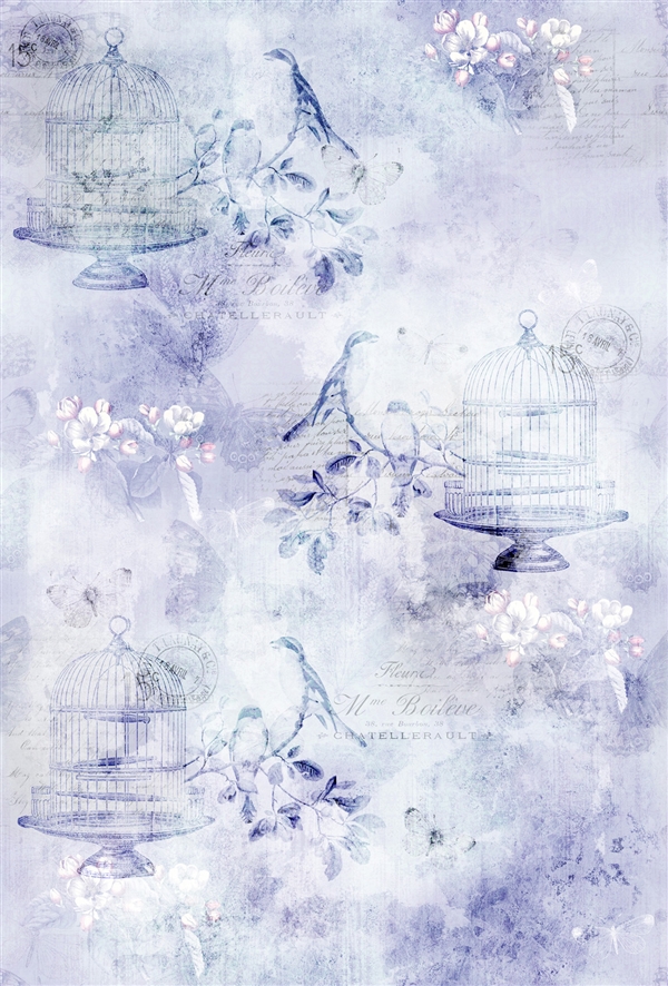 Whimsical design of birds in cages print fabric in soft purple tones