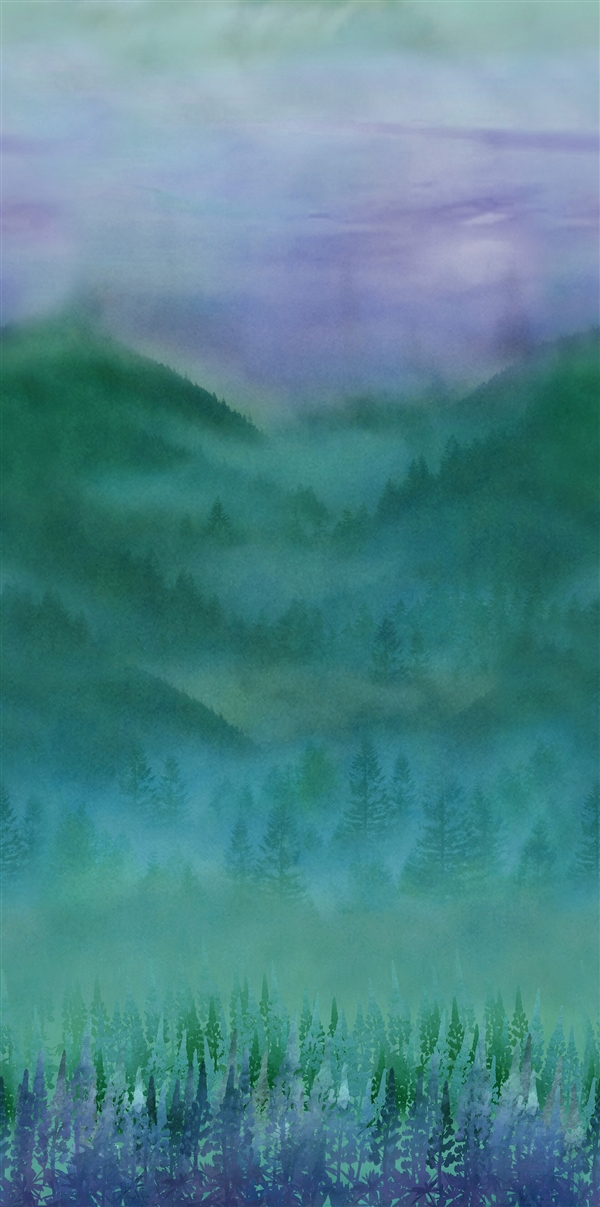 teal toned misty mountain view