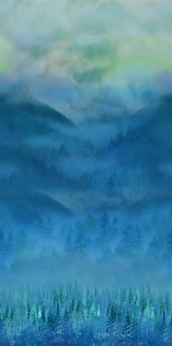 bluish-green toned misty mountain view