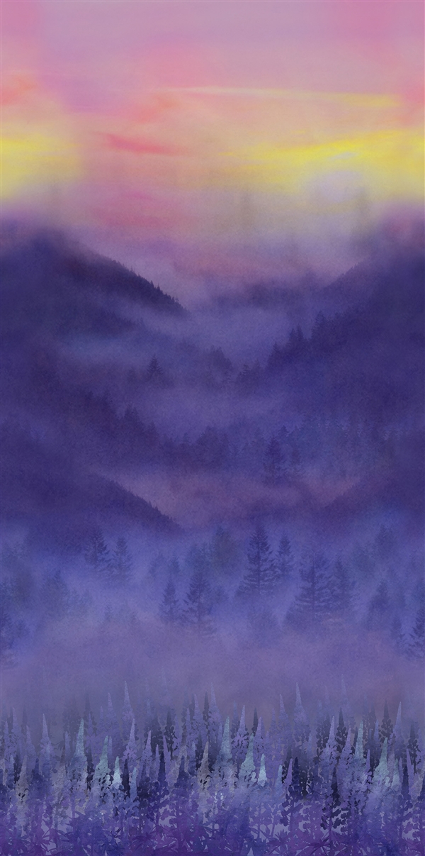 A violet-purple misty mountain view