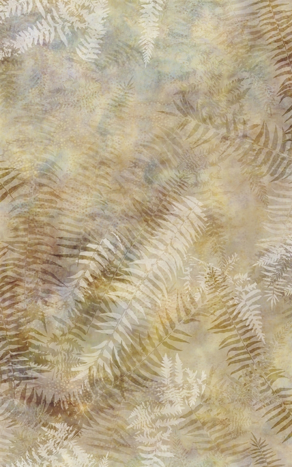 Digital print fabric of fern fronds in cream, beige, and greenish blue tones