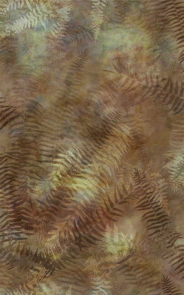 Digital print fabric of fern fronds in amber, brown and green tones