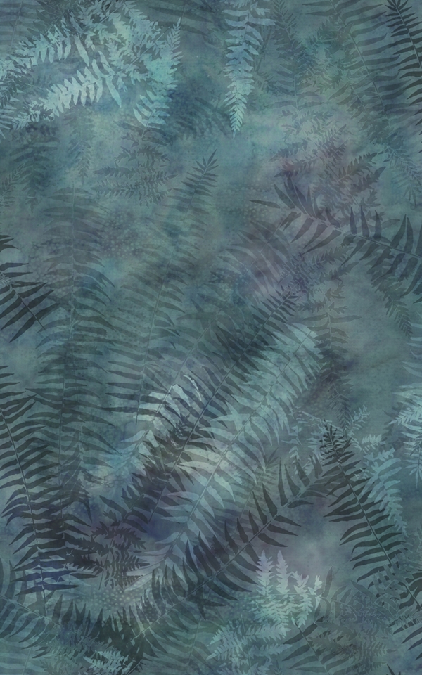 Digital print fabric of fern fronds in green and blue