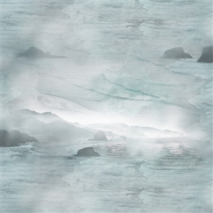 A foggy, rocky ocean scene in sea green-gray tones