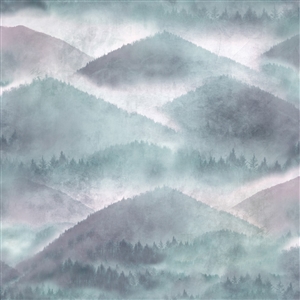 A misty mountain print fabric in pale purple and emerald tones
