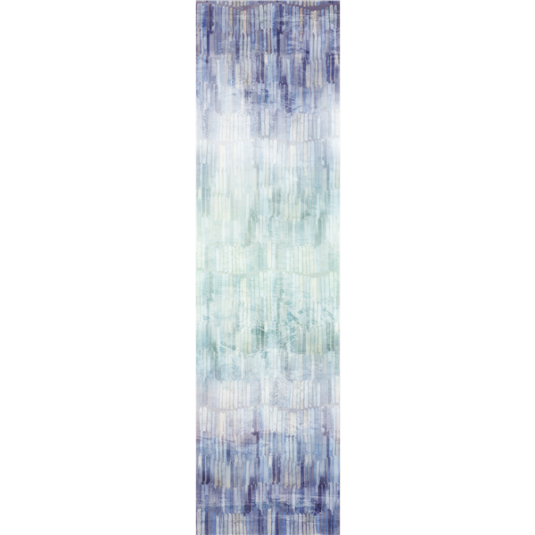 An abstract ombre print fabric in purple, sea green and blue tones
