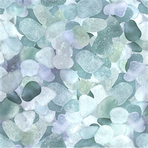 A seaglass print fabric in purple, green and gray tones