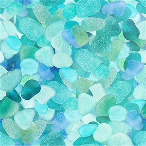 A seaglass print fabric in turquoise, blue and green tones