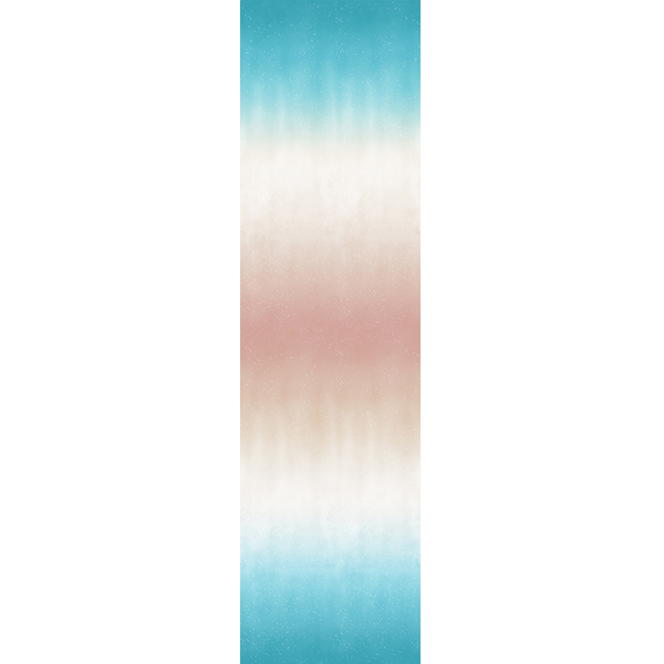 An ombre print fabric that ranges from turquoise blue, to pale orange, to coral and back to blue