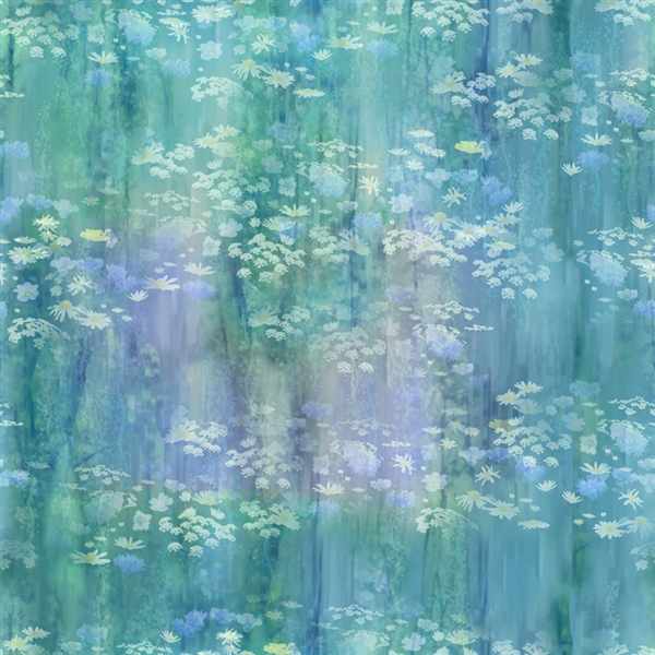 Wildflowers digital print fabric in green, blue and purple tones