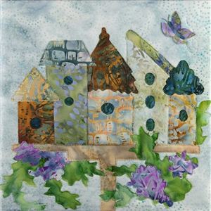 Quilt block of birdhouses perched on a wisteria stand with a butterfly